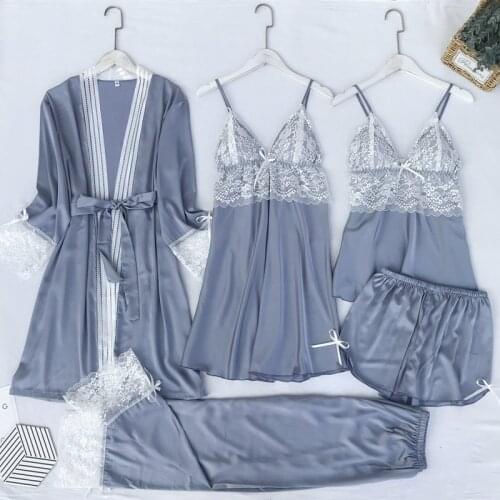 Gray Women 5PCS Pajamas Suit With Belt Sexy V-neck Strap Top&Pant Autumn New Casual Sleepwear Sweet Pink Lace Trim Home Wear