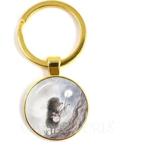 Vintage Hedgehog In The Fog Keychain Golden Plated Glass Cabochon Dome Key Chain Keyring Animal Jewelry Gift