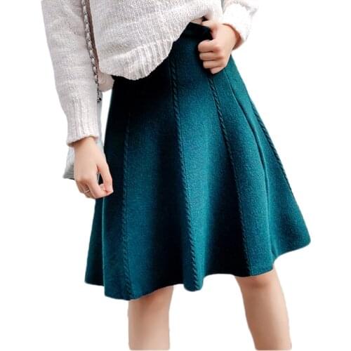 2020 Autumn Winter Knitted Skirt Women Midi High Waist A Line Knit Skirts One-pieces Seamles Pleated Elastic Thick Faldas