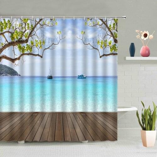 Summer Blue Sea Shower Curtain Ocean Bridge Coast Wood Board Bridge Scenery 3D Modern Bathroom Curtains Bath Screen Fabric Decor