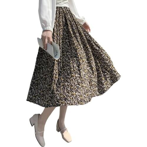Women Skirt Small Daisy Floral Print Slim High Waist Skirt Summer Autumn Mid-length A-line Chic Pleated Skirts TJR3029