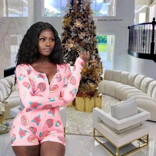 Women Casual Close-fitting Bodysuit Pink Heart/ Leopard Printed Pattern V-neck Long Sleeve One-piece Jumpsuit Playsuit