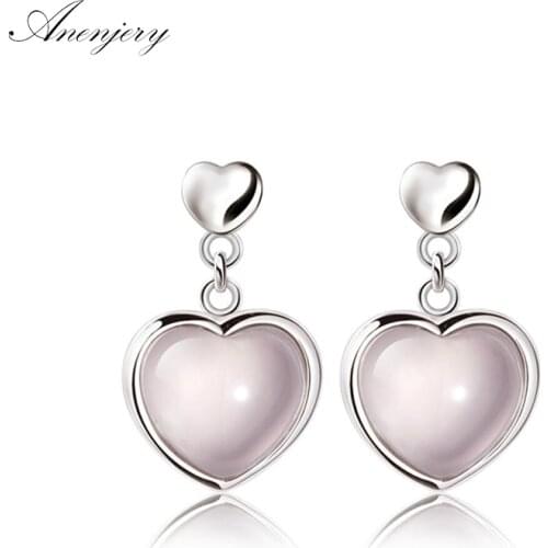 ANENJERY 925 Sterling Silver Simple Fashion Natural Pink Crystal Stone Heart Shaped Dangle Earrings For Women S-E202