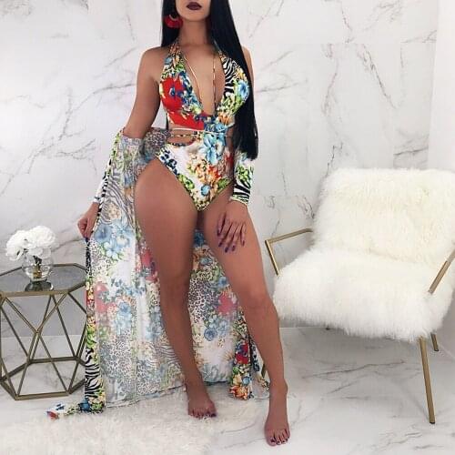 Sunny Summer 2018 Sexy Women Ink Printing Bikini Bathing One Cloak Coat +Romper Pregnant Women Deep V Halter Cardigans