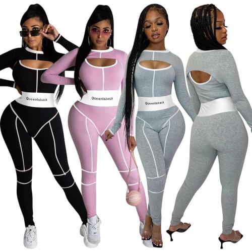 Echoine Knit Letter Print Active Wear Two Piece Set Women Long Sleeve Crop Top Joggers Matching Bodycon Jumpsuits Fitness Outfit