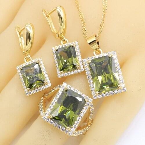 Gold Color Jewelry Sets for Women Green Blue 5 Color Earrings Necklace Pendant Rings Gift Box