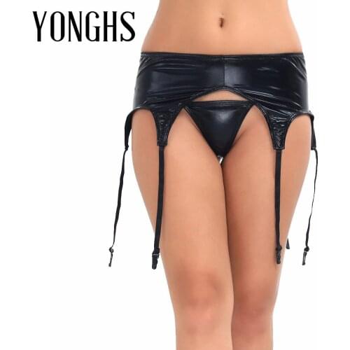Womens Lingerie Underwear Wetlook Patent Leather Garter Panty Plastic/ Metal Clip Sock Garter Belt Holder Fastener Suspender