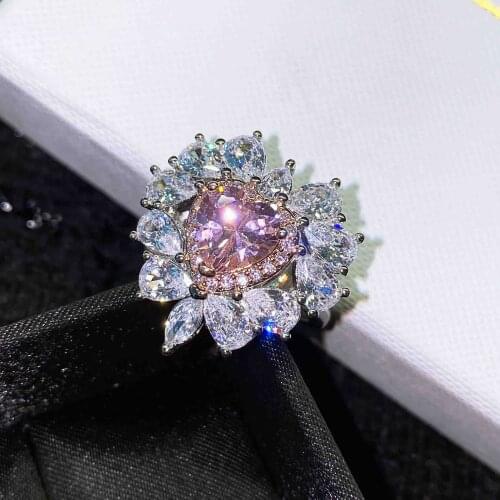 BLACK ANGEL Silver Romantic Pink Love Heart Ring Inlaid Luxury Shiny Pink Crystal Gemstone Adjustable For Women Party Jewelry