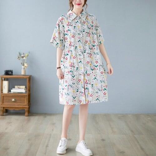 100% Cotton Women Summer Loose Casual Shirt Dress New Arrival 2021 Simple Style Floral Print Female Knee-length Dresses B482