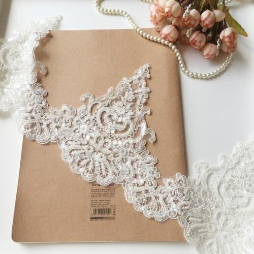 1yard/lot 16.5cm Luxury Customizing Dress Material Off White Bone Embroidery Lace Beads and Sequins Deco Textile Material X762