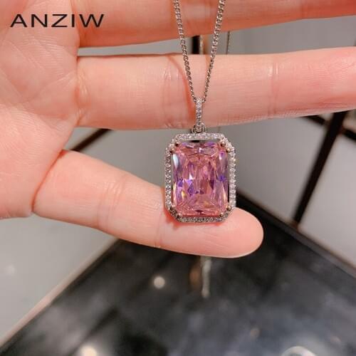 ANZIW Sterling Silver Radiant Cut Lab Created Pink Sapphire Vintage Classic Pendant Necklace For Women Jewelry Gifts