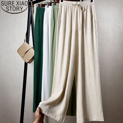 Cotton Linen Pants Women Classic Casual High Waist Wide Leg Trousers Loose Capri Summer Womens Pants 2021 Street Style 14010
