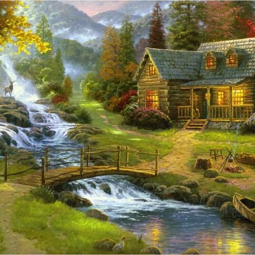 Diy pastoral landscape bridge and river paintings diamonds cross-stitch embroidery european-style decorative murals #BR33
