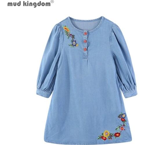 Mudkingdom Girls Denim Dress Floral Embroidered Long Sleeve Maxi A-Line Cute Girls Dress for Kids