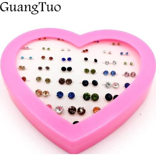 EK2102 36pairs Mix Color Heart Box Mini Round Rhinestone Stud Earring For Women Cheap Jewelry Zircon Crystal Earrings Set Gift