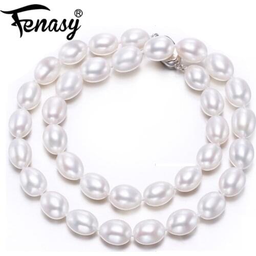 FENASY 8 to 9 mm Rice Shape Natural Freshwater Pearl Necklaces For Women Wedding Engagement Party Jewelry