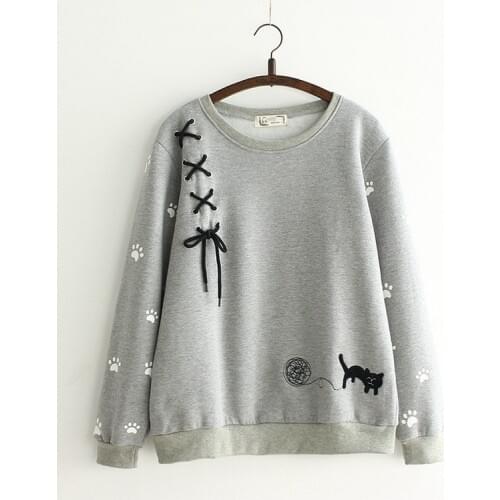 Harajuku Funny Cat Embroidered Sweatshirts Full Sleeve Autumn Winter Fleece Hoodies Cute Footprint Lace Up Pullover Outerwear