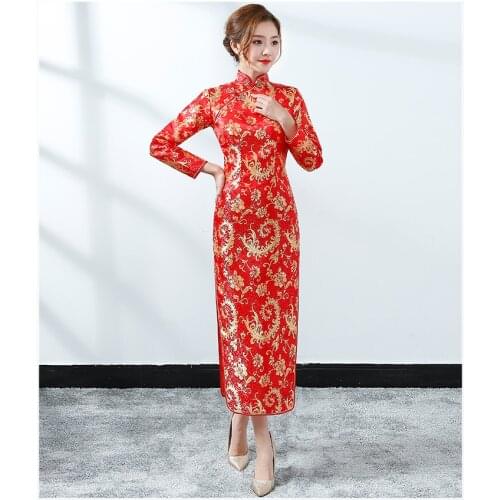 Red Chinese Bride Wedding Dress Sexy Women Satin Long Sleeve EVening Party Dragon Phoenix Floral Qipao Formal Social Vestidos