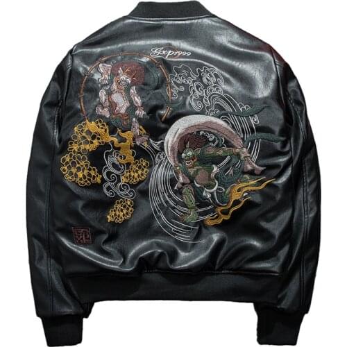 PU Faux Leather Jacket Men Winter Warm Ghost Embroidered Coat Man Cotton Padded Long Sleeve Zipper Hip Hop Baseball Cloth MA-1