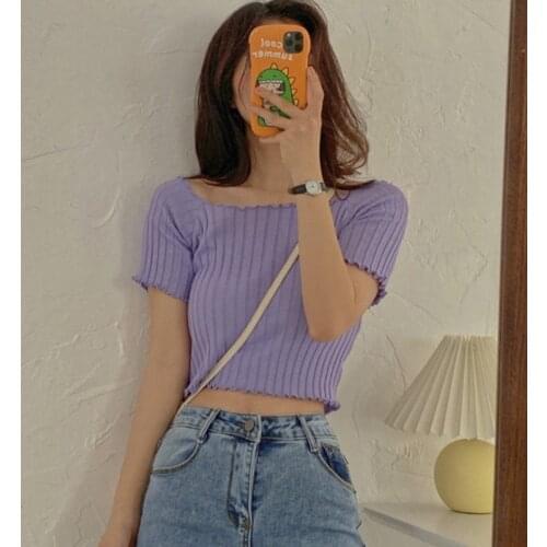 Summer T-Shirt Women Casual Solid Slash Neck fashion Knitted T-shirt Short Sleeve T-shirt Top new 1