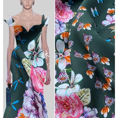 Fashion Printed Silk Double Joe Fabric Green Jacquard Dress Silk Garment Non-stretch and Impermeable Fabric Designer Sewing