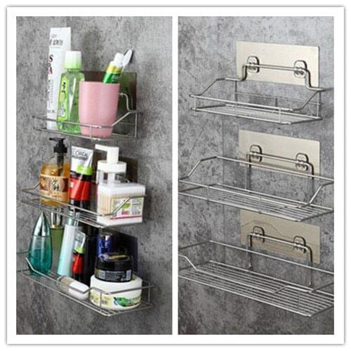 New Arrival Metal Self Bathroom Storage Shelf Stainless Steel Rack No Drilling Bathroom Organization Kitchen Tool