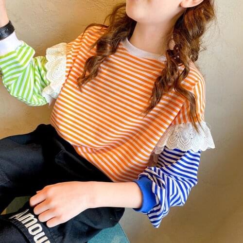 2020 Autumn New Childrens Cotton T Shirt Kids Girls Casual Striped Patchwork T Shirts Korean Style Big Girl Casual Top Tees