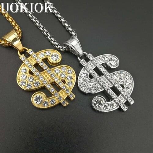 Hip Hop Iced Out Money Dollar Coin Pendant Necklace Men Gold Color Stainless Steel Chain Rhinestones Necklaces Bling Jewelry