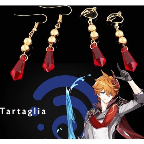 A Pair Genshin Impact Tartaglia Earrings Cosplay Genshin Childe Red Water Drop Earring Ear Clip For Women Men Party Jewelry