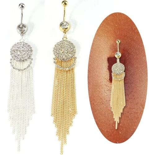 1pcs Trendy Long Tassel Belly Button Ring With Rhinestone Round Pendant Surgical Steel Navel Piercing Bell Stud Body Jewelry