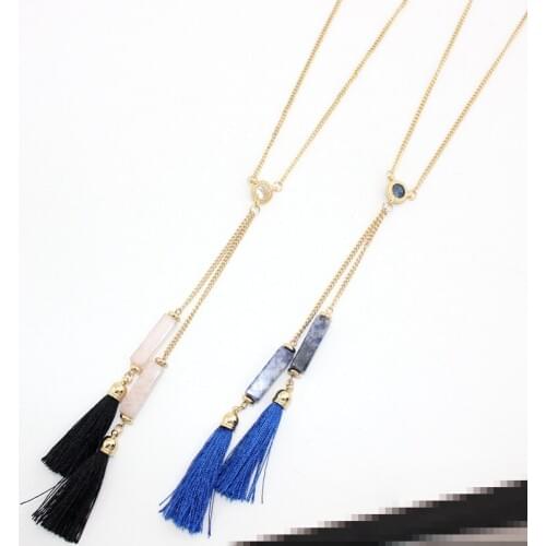 Y Shaped Double Chain Tassel Blue and Pink Marble Stone Long Tassel Pendant Necklace for Women