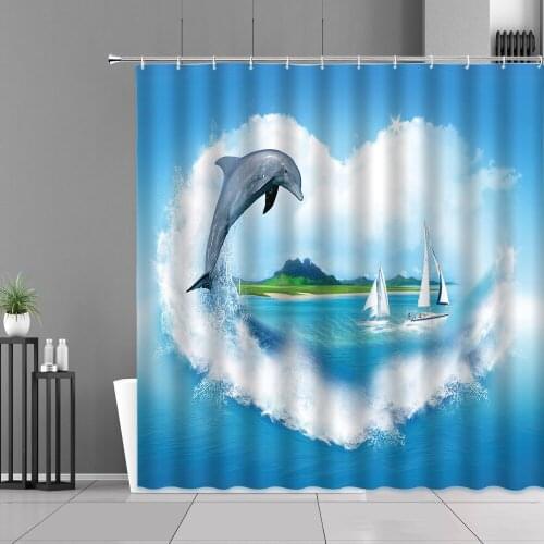 Dolphin Ocean Animal Shower Curtains Heart Sea Waves Boat Fish Bird Starfish Coconut Tree Blue Seascape Home Bathroom Curtain