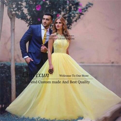 Yellow A Line Prom Dresses Long Sexy Jewel Beads Chiffon Party Dresses Evening Wear Sexy Back Zipper Formal Cocktail Dresses