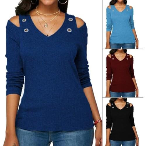 2021 New Fashion Casual Shirt Women Solid Color V Neck Long Sleeve Cold Shoulder Holes Plus Size Blouse Autumn Winter Tops HOT