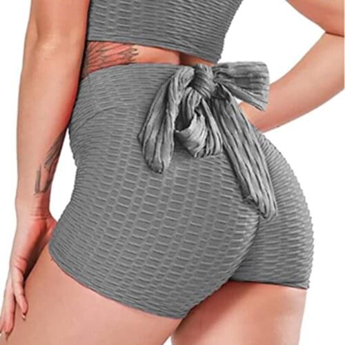 Women High Waist Seamless Leggings Sports Yoga Shorts Honeycomb Type Slim Fit Stretchy Fitness Running Shorts with Bow-knot