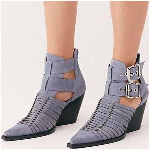 2019 Top Summer Woman Red Blue Black Brown Gladiator Cuts Out Matte Double Buckle Strap Square Heels Zip Back Short Ankle Boots