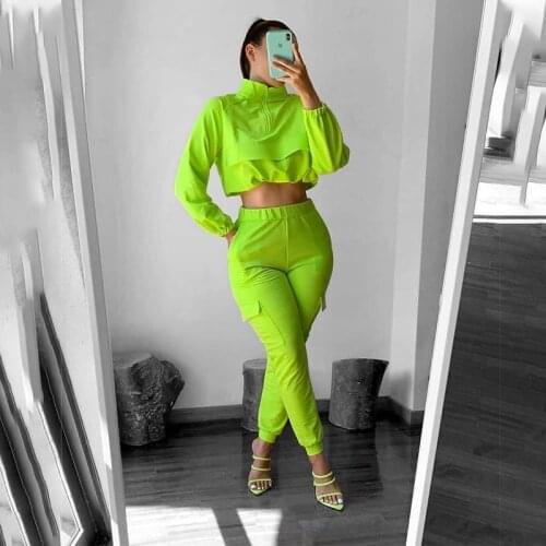 Autumn Neon Green Sweat Suits Women Casual Long Sleeve Crop Top Cargo Pants Set Sportwear Solid Two Piece Women Matching Sets