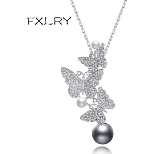 FXLRY New Elegant fashion white color Cubic zircon Pearl Butterfly Pendant Necklace for women wedding jewelry