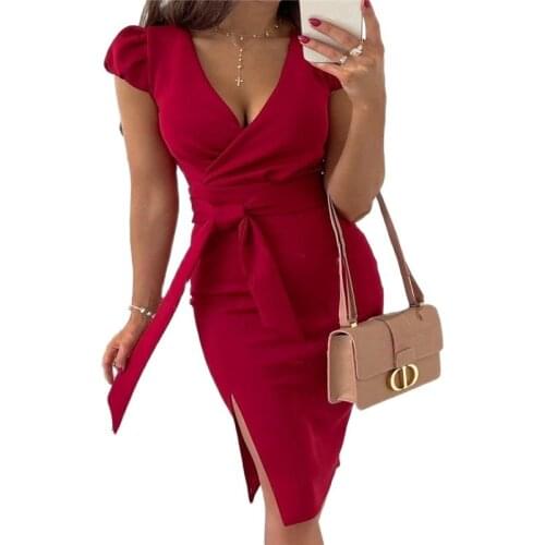 2021 Fashion Ladies Summer New Style V-Neck Sexy Temperament Commuter Strap Solid Color Pullover Dress