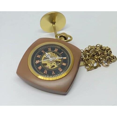 10pcs/lot Square Wood Case Mechanical Pocket Watch Hand Wind Black Roman Dial Pocket Watch Vintage Gift Watches