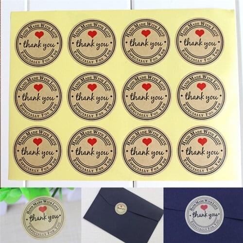 12/24Pcs Custom Round Paper Bag Kraft Thank You Stickers Red Love Self-Adhesive Garment Labels