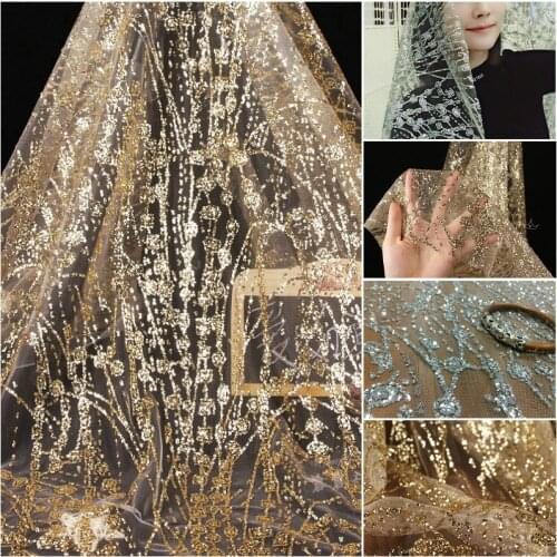 GLace 1Y/Lot Golden silver sequins mesh glitter fabric for wedding dress accessories performance cloth TX1444