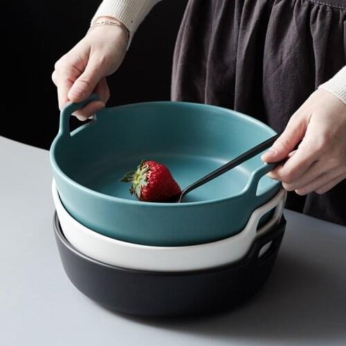 Large Salad Serving Bowl Ceramic Dinner Bowl with Double Handle Soup Bowl Chinese Cuisine Noodle Ramen Bowl 1200ml