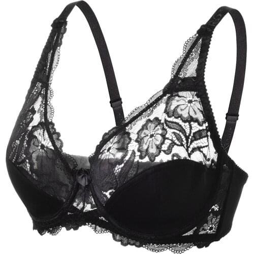 Women Bras Black Lace Bralette Perspective Hollow Thin Floral Sexy Bra Embroidery Plus Size 36 38 40 42 44 46 C D E Dropshipping