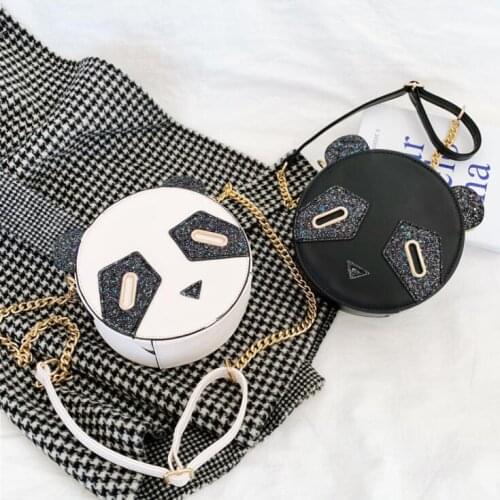 Round Pu Leather Crossbody Bag for Women Sequined Panda Shape Chain Bag Fashion Purses and Handbag Black Bag Girls Clutch Bag