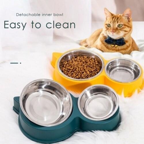 Stainless Steel Pet Bowls Cat Ears Shape Double Bowls Non-slip Pet Food and Water Cats Dogs Feeders Pet Supplies