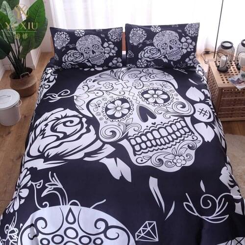 YuXiu Bedding Sets 3D Skull Black White Duvet Covers 3Pcs Set Black Bed Linen Quilt Cover King Queen Full Twin Double Single