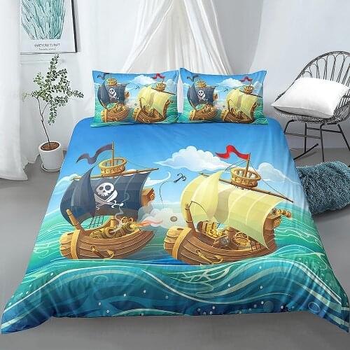 Pirate Duvet Cover Set Cartoon Boat Kids Bedding Set Nautical Ocean Boys Bedclothes 2/3-Piece Comforter Cover Duvet Cover Set