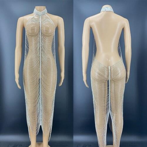 Party Prom Rhinestone Chains Hollow Out Halter Dress Evening Dress Rave Clothes Singer Dancer Performance Stage Costume VDB4094