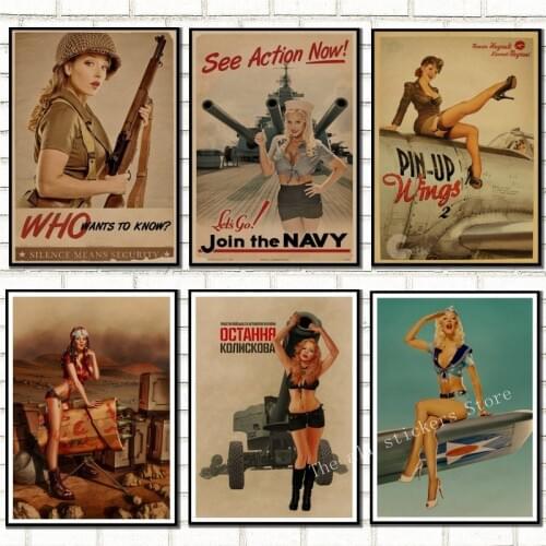 World War II PINUP GIRLS Classic Retro Kraft Paper Poster Sexy girl Decorative Painting Military Bar Cafe Home Room Decorb/809